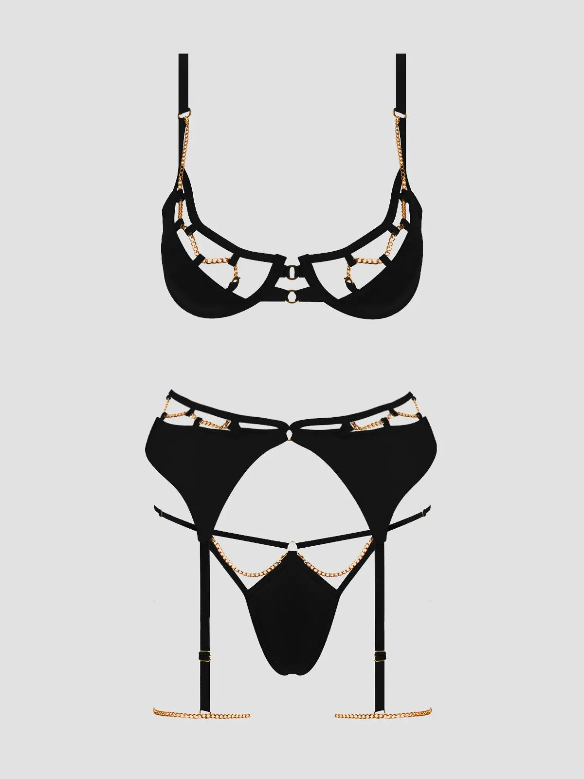 Evangeline Satin Chain Bra Thigh Garter G-String Set | Lavah Intimates