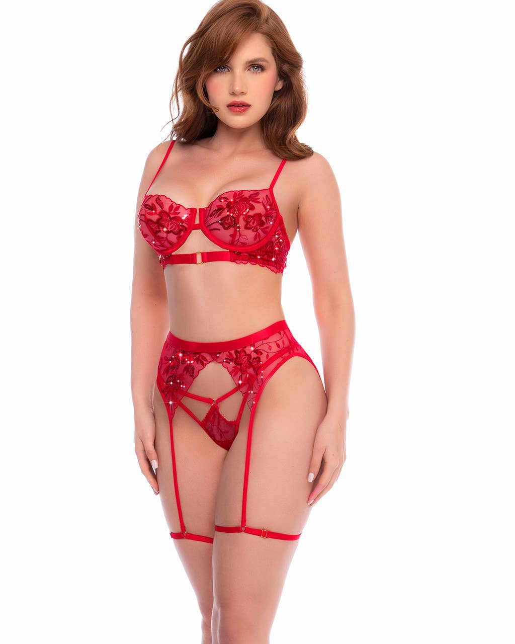 Belfiore Scarlet Sequin 3pc Garter Set