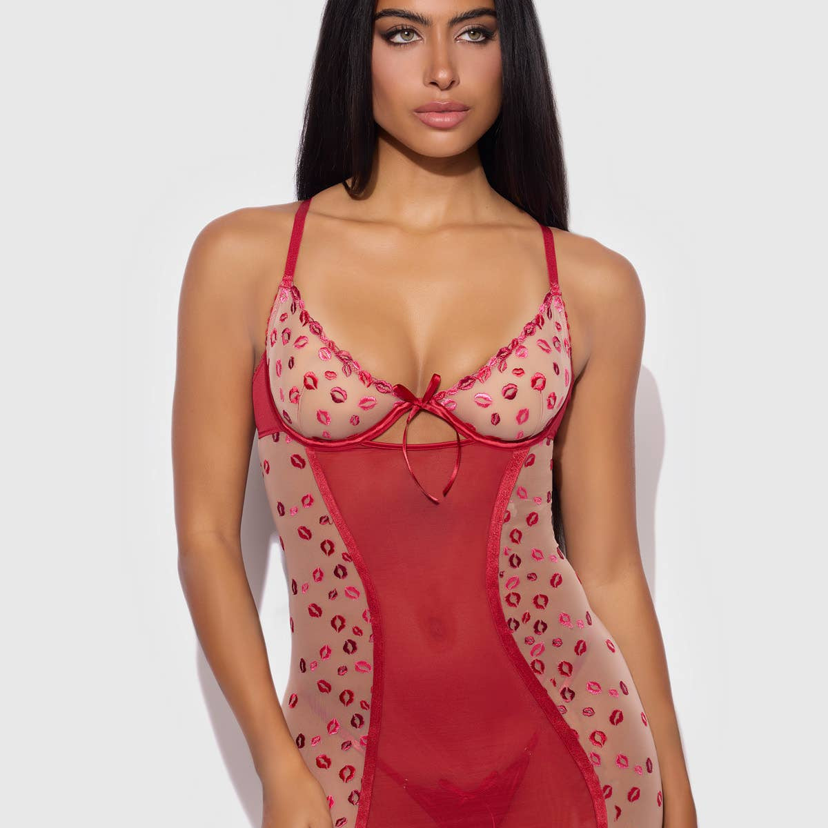 Angelina Lips Embroidery Bow Back Chemise Set | Lavah Intimates