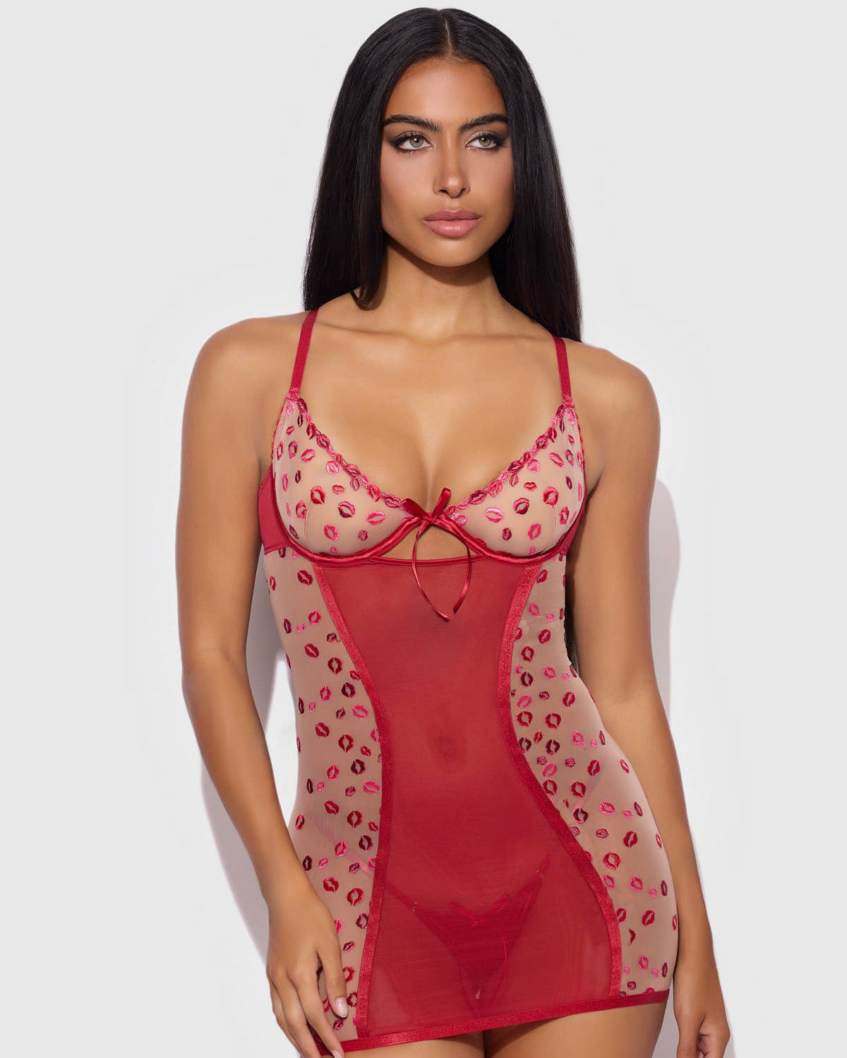 Angelina Lips Embroidery Bow Back Chemise Set | Lavah Intimates