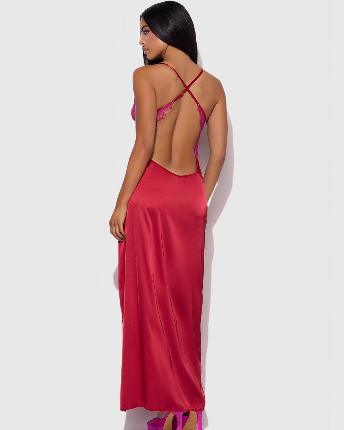 Jocelyn Satin & Lace Long High Slit Gown