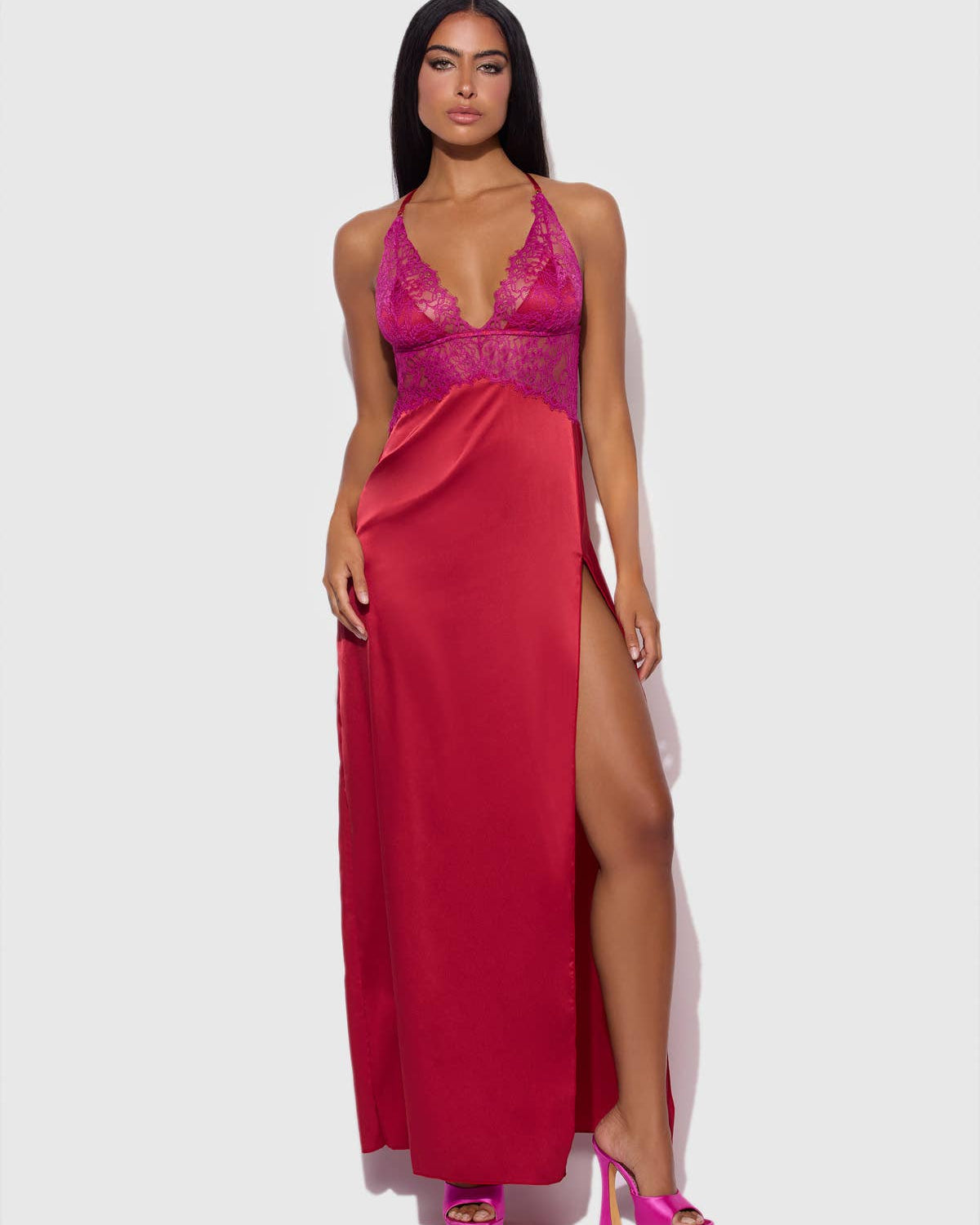 Jocelyn Satin & Lace Long High Slit Gown