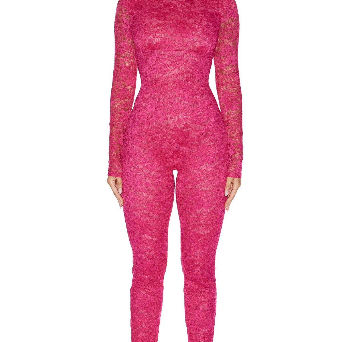 Private View 2-Piece Sheer Lined Lace Catsuit and G-String Set - Berry