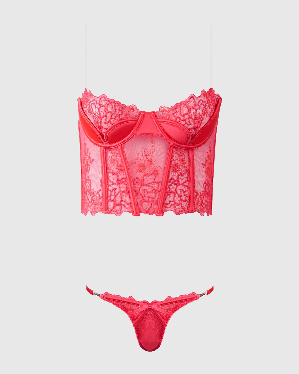 Eden Embroidered Lace Bustier Bra & G-String Set Coral | Lavah Intimates