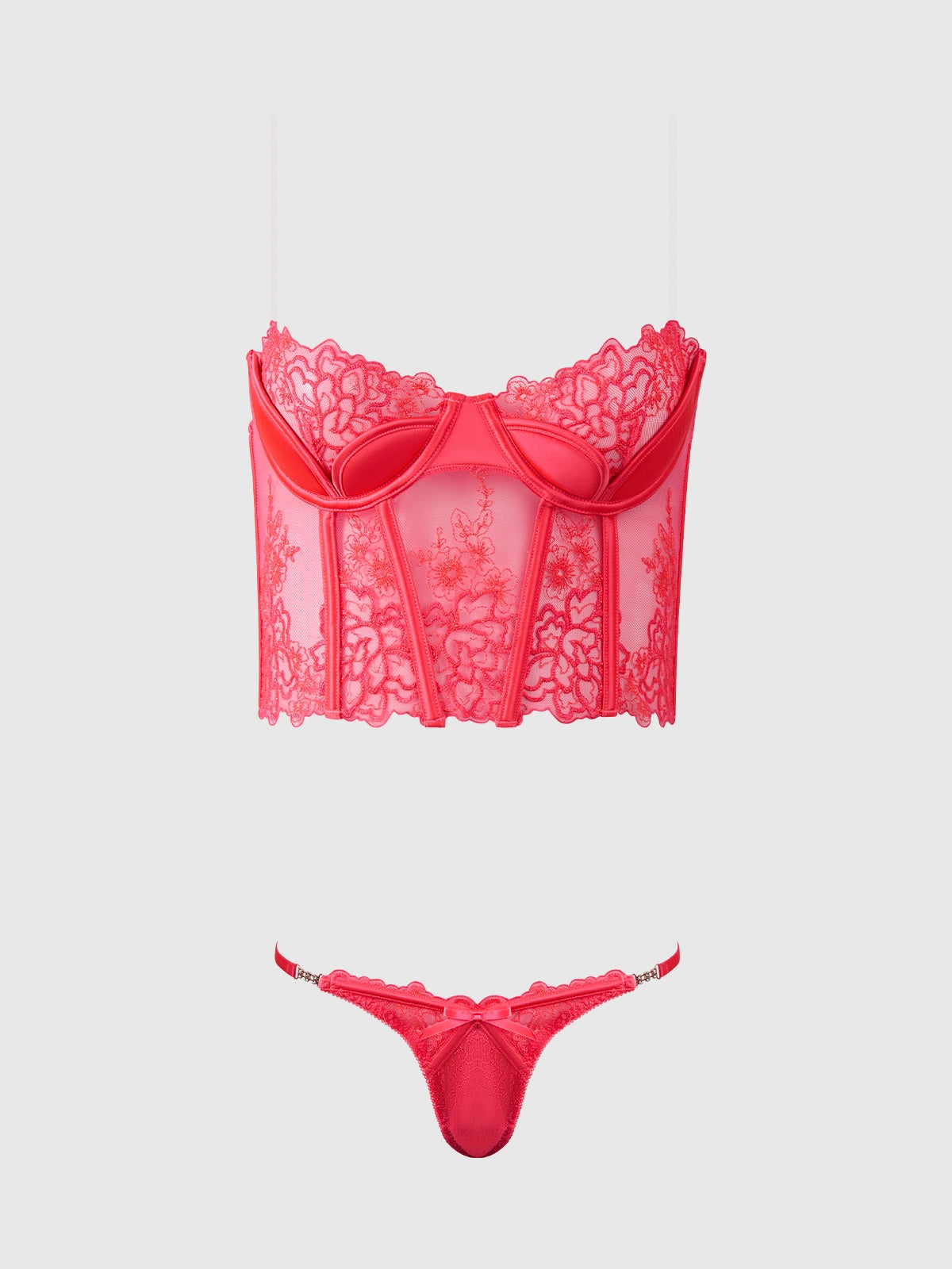 Eden Embroidered Lace Bustier Bra & G-String Set Coral | Lavah Intimates