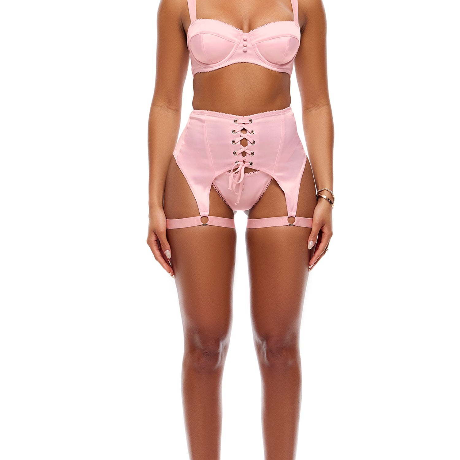 Rosette Satin Lace-Up Bra & Garter Set Light Pink