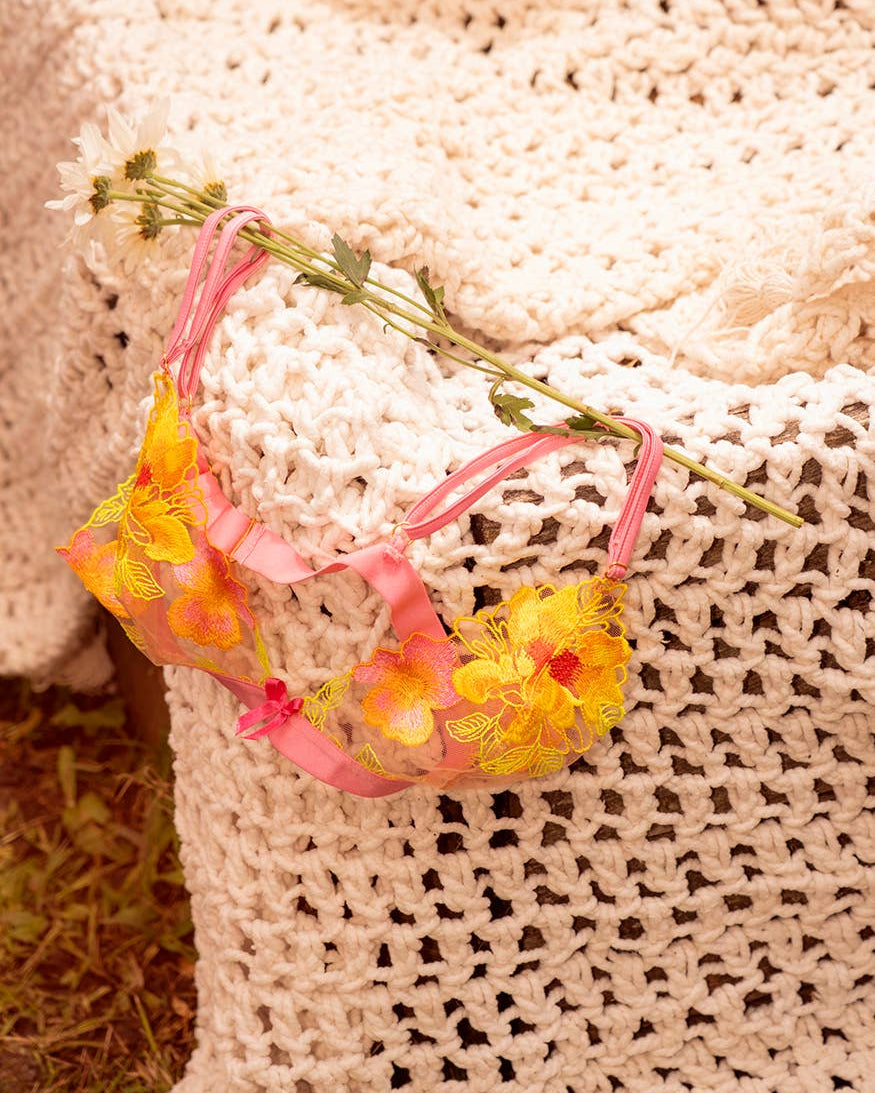 Solar Blossom Floral Embroidered Bralette Thong Set | Lavah Intimates