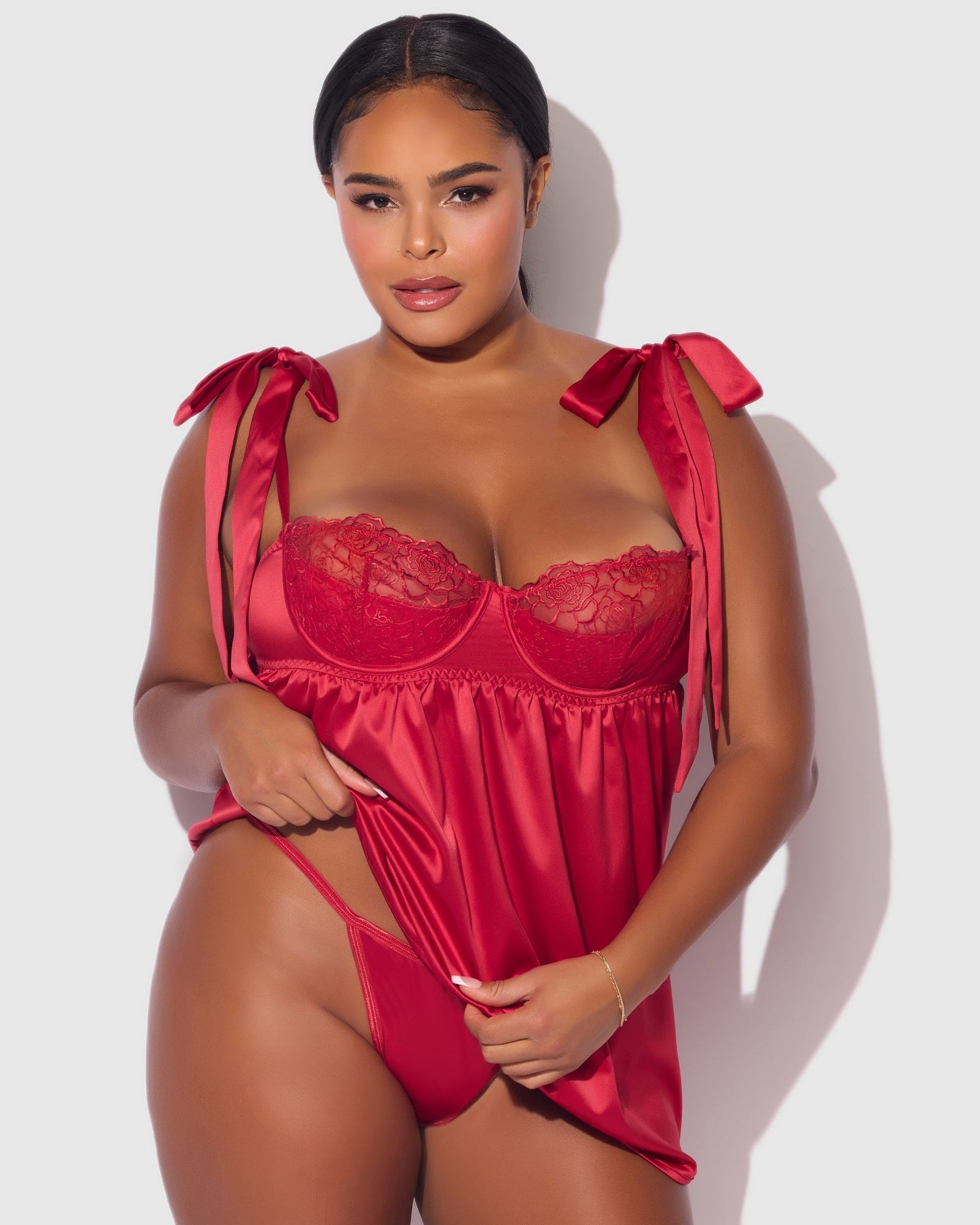 Rosalie Satin Embroidered Lace Babydoll Set | Lavah Intimates