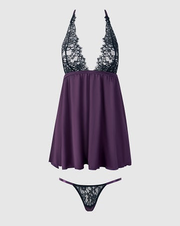 Jocelyn Lace and Satin Halter Babydoll Set | Lavah Intimates