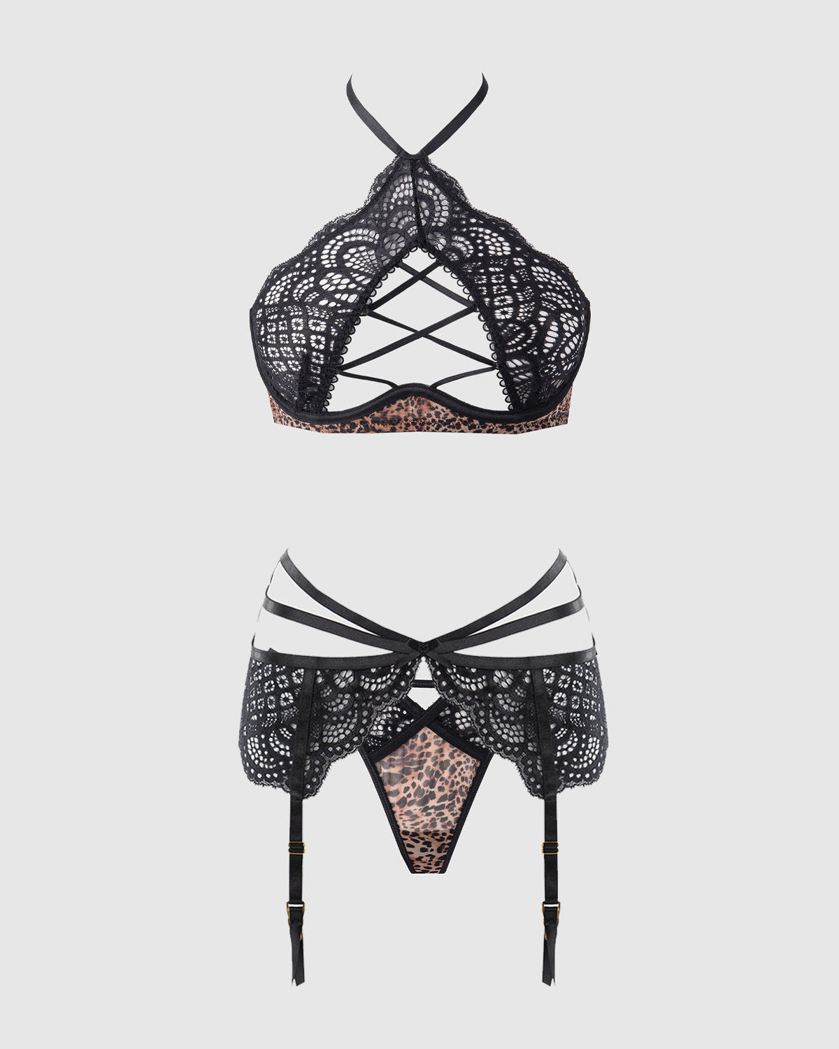 Felicia Leopard Mesh Lace Bra Garter G-String Set | Lavah Intimates