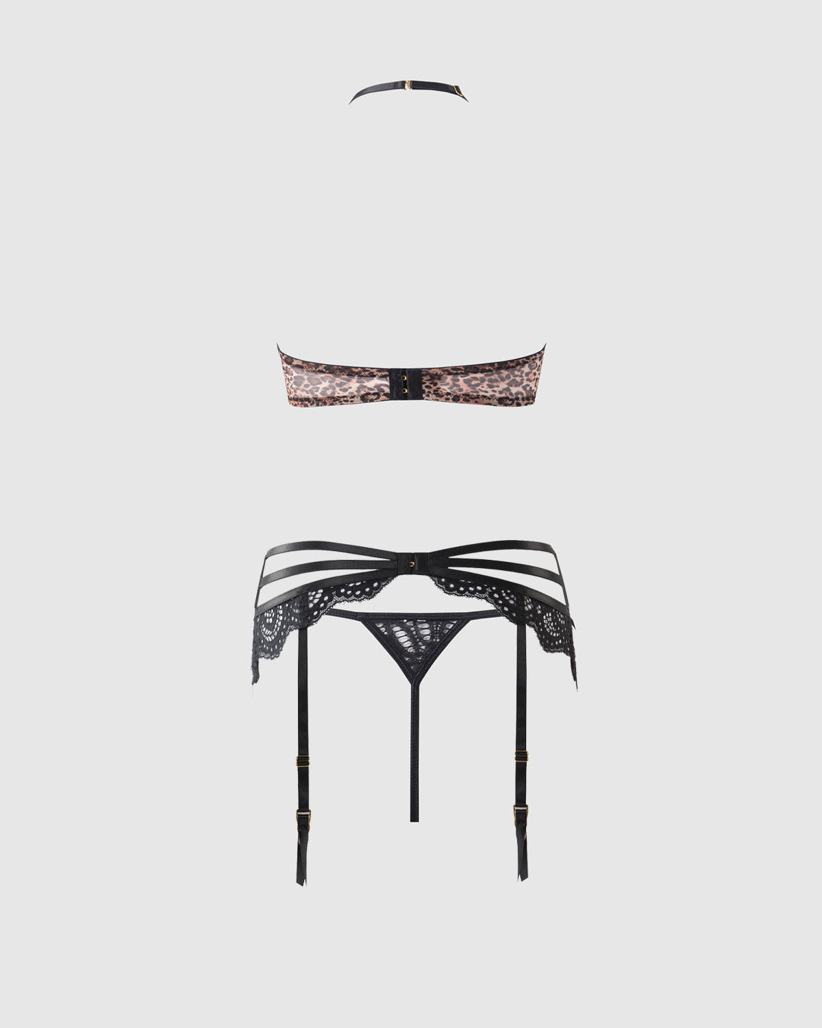 Felicia Leopard Mesh Lace Bra Garter G-String Set | Lavah Intimates