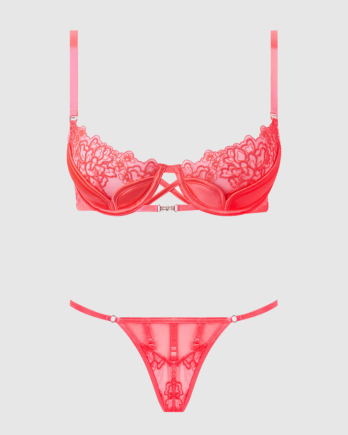 Eden Embroidered Lace Satin Cups Bra & G-String Set Coral | Lavah Intimates