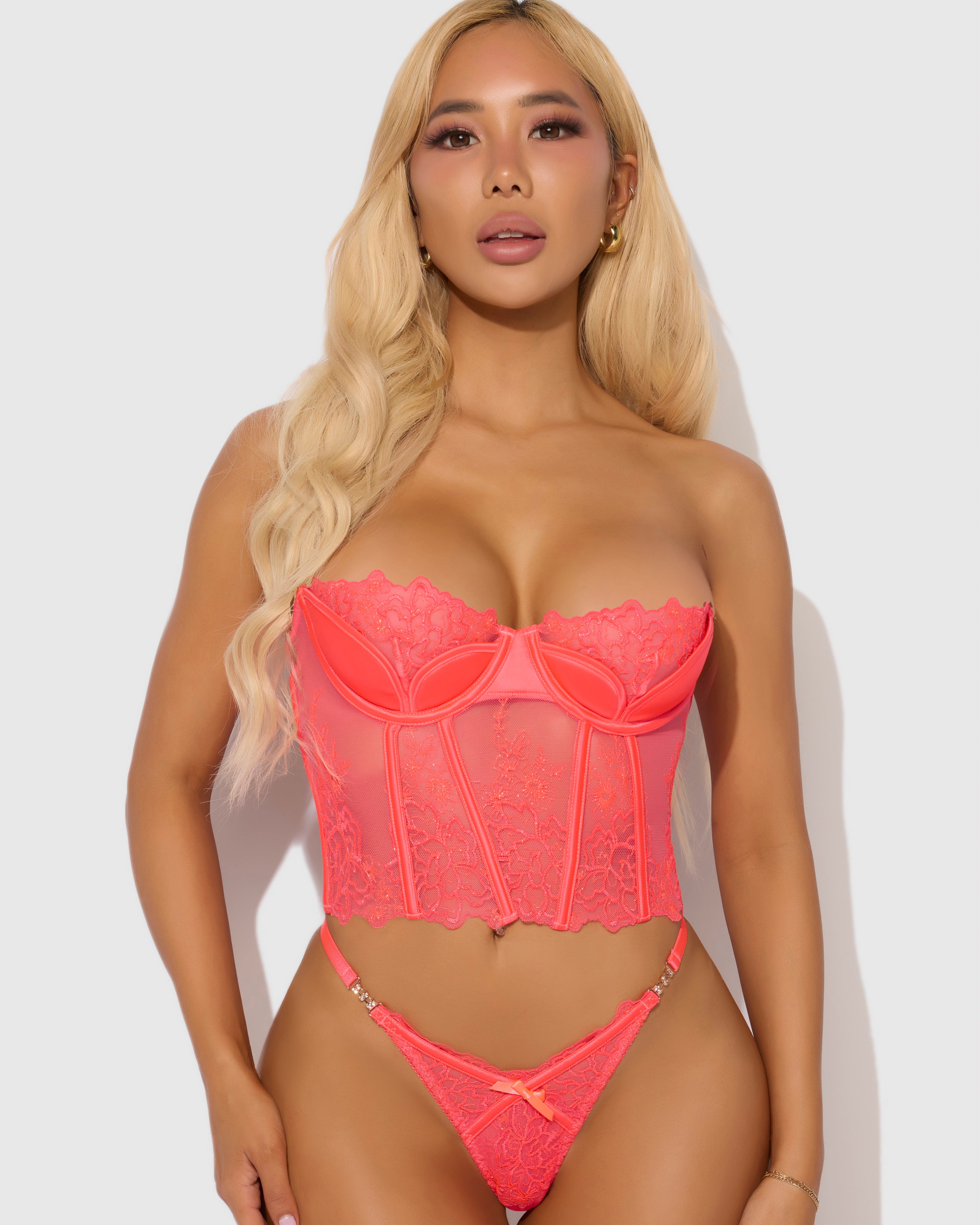 Eden Embroidered Lace Bustier Bra & G-String Set Coral | Lavah Intimates