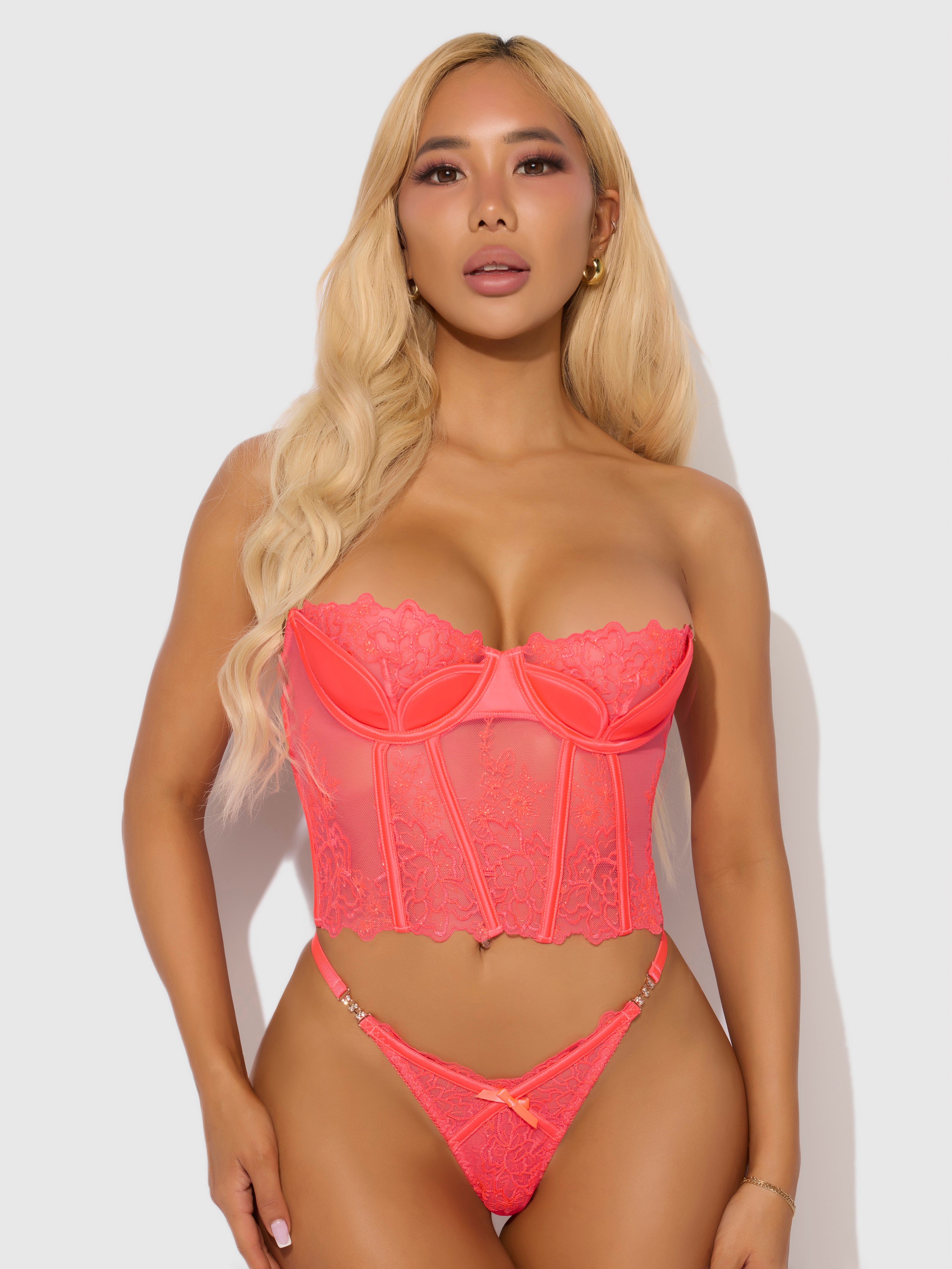 Eden Embroidered Lace Bustier Bra & G-String Set Coral | Lavah Intimates