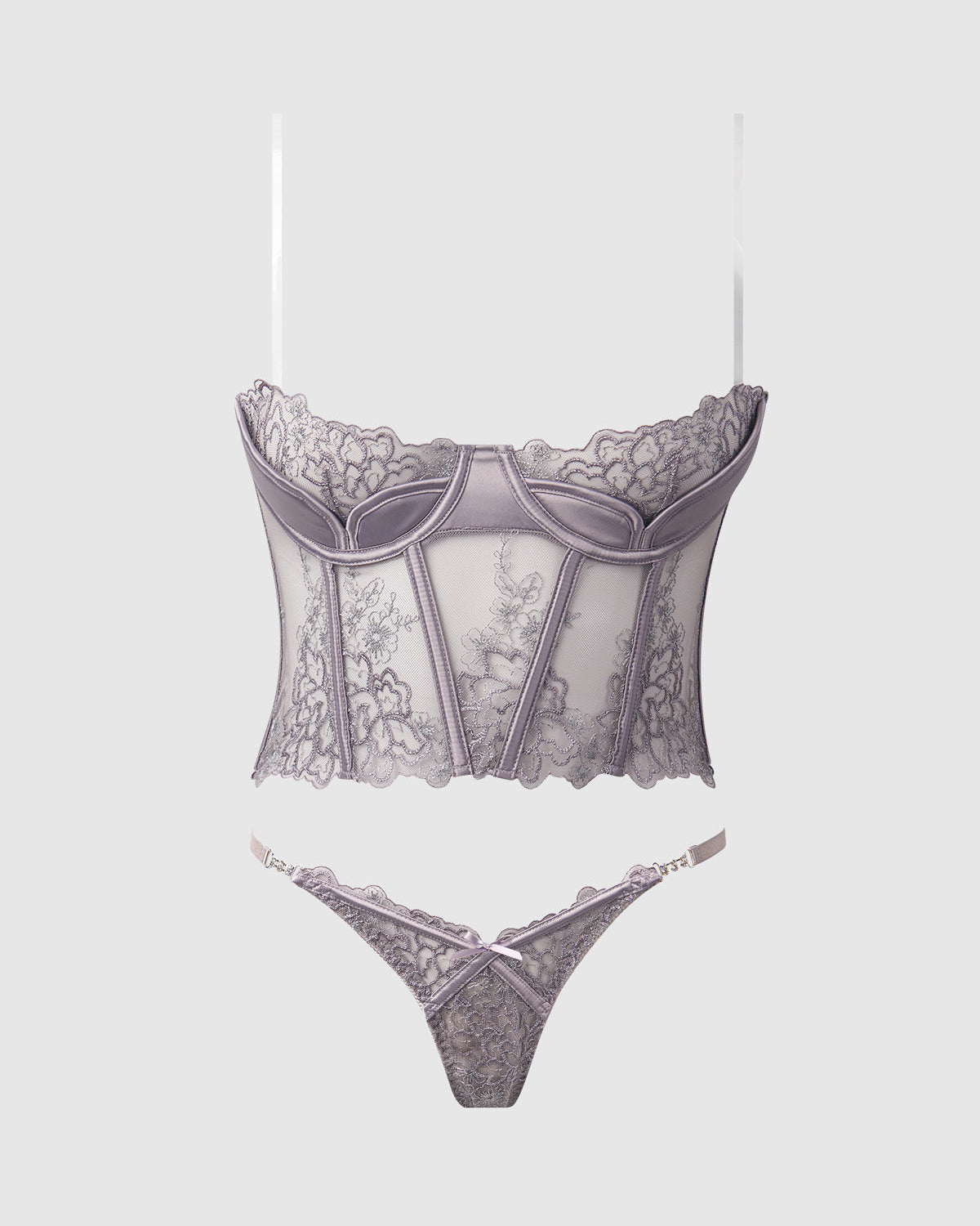 Eden Embroidered Lace Bustier Bra & G-String Set Grey | Lavah Intimates