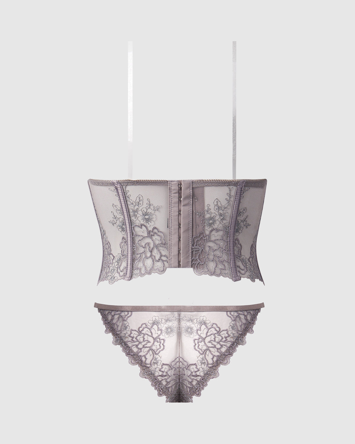 Eden Embroidered Lace Bustier Bra & G-String Set Grey | Lavah Intimates