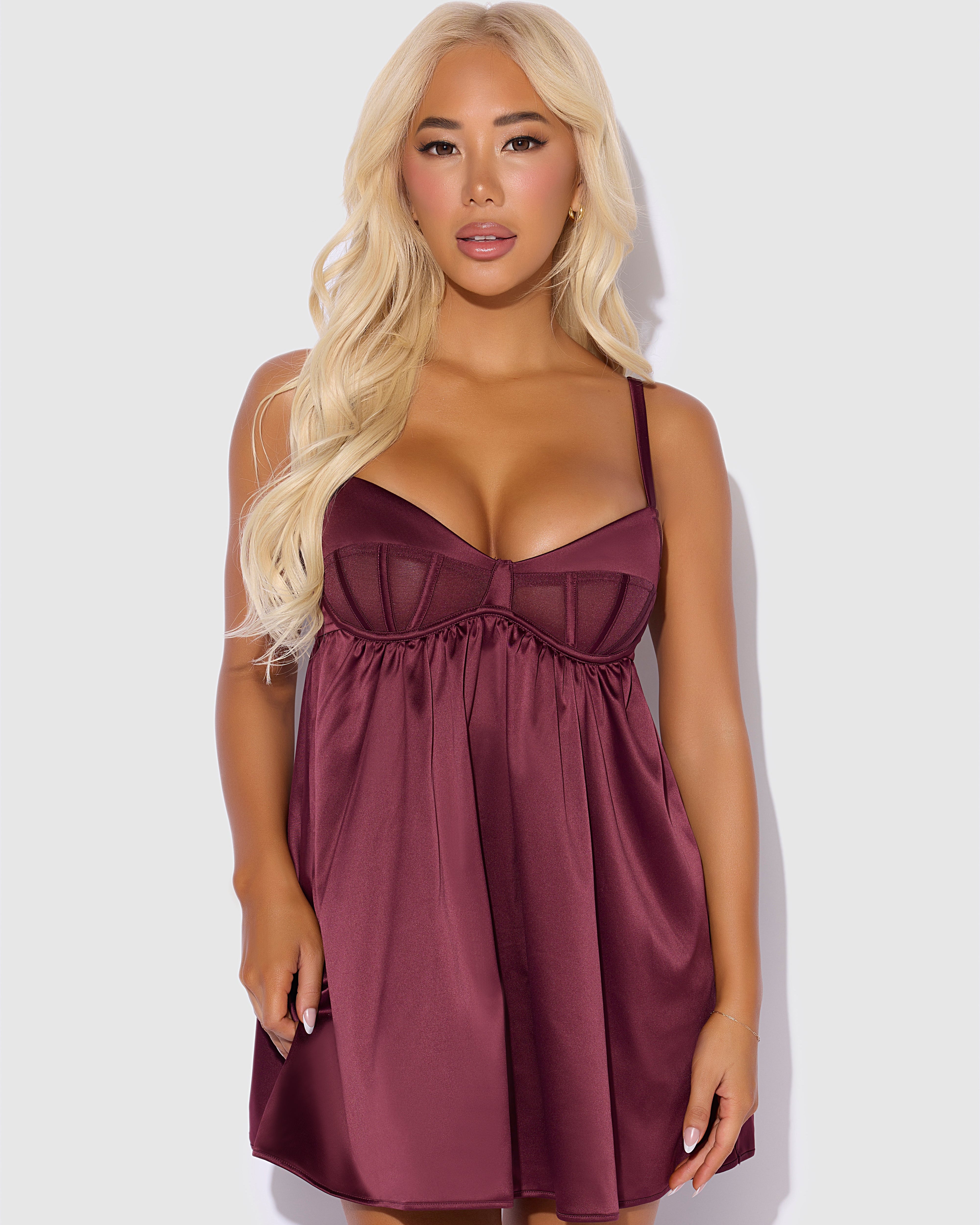 Brigeta Satin Mesh Corsetted Babydoll Set Burgundy | Lavah Intimates