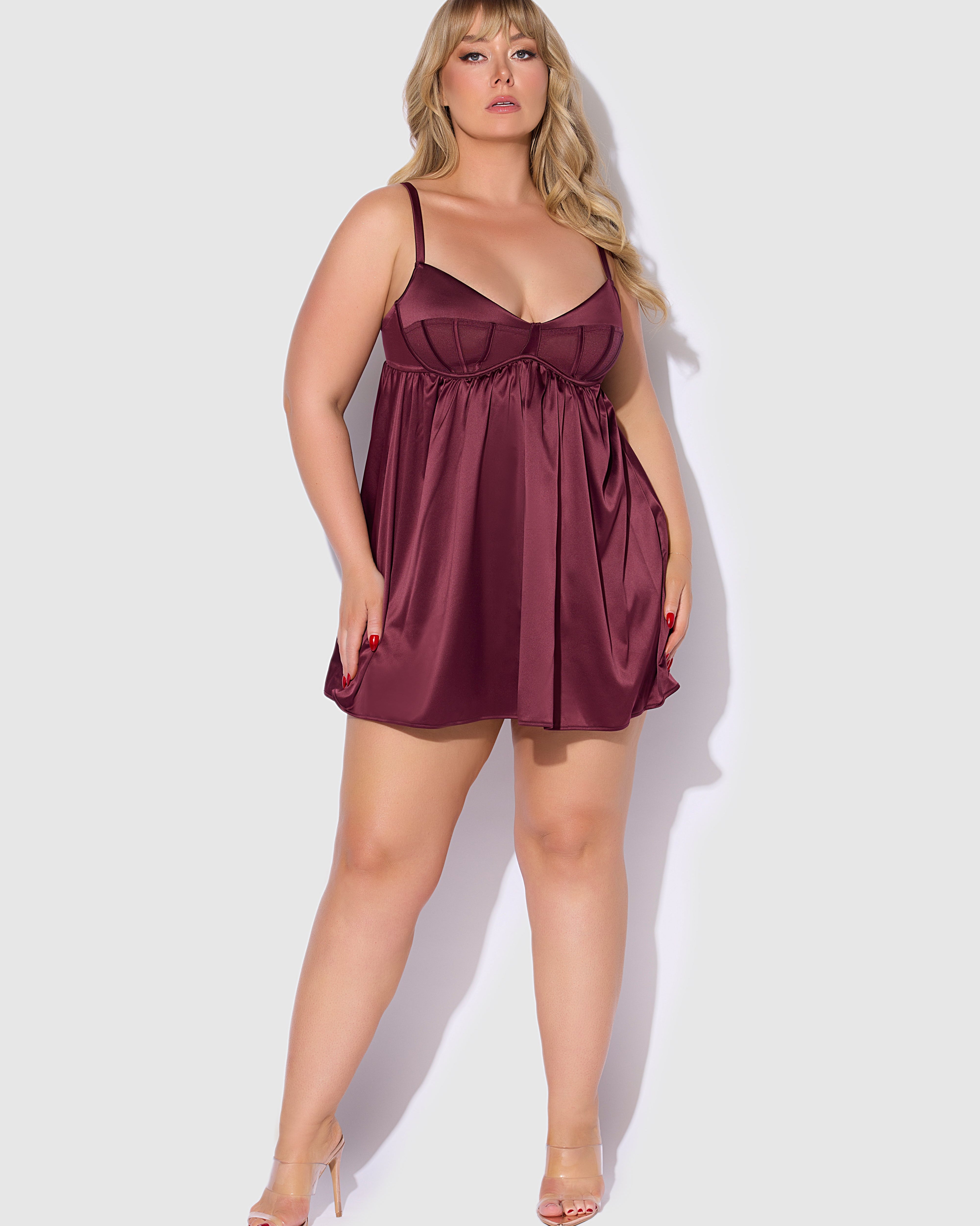 Brigeta Satin Mesh Corsetted Babydoll Set Burgundy | Lavah Intimates