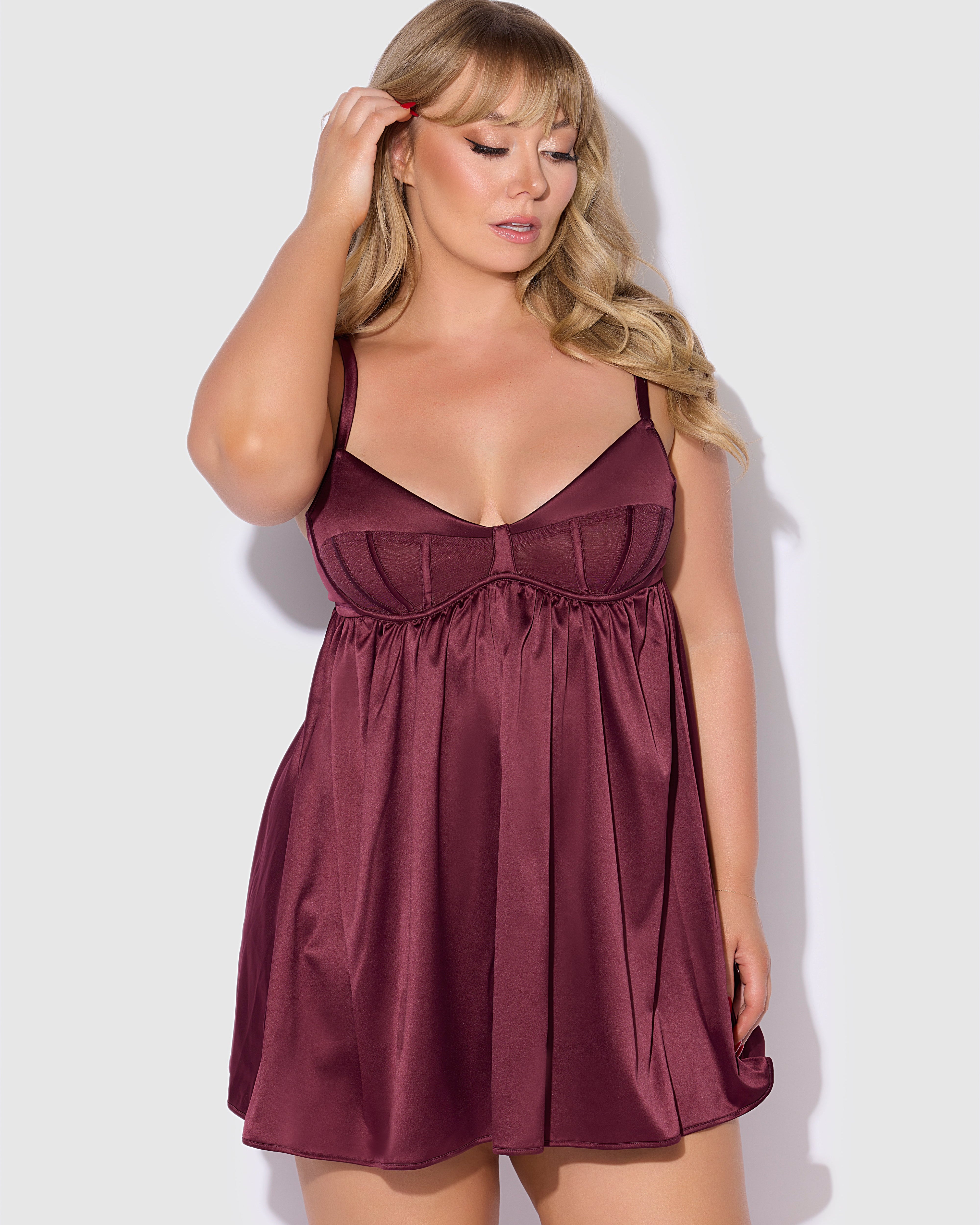 Brigeta Satin Mesh Corsetted Babydoll Set Burgundy | Lavah Intimates