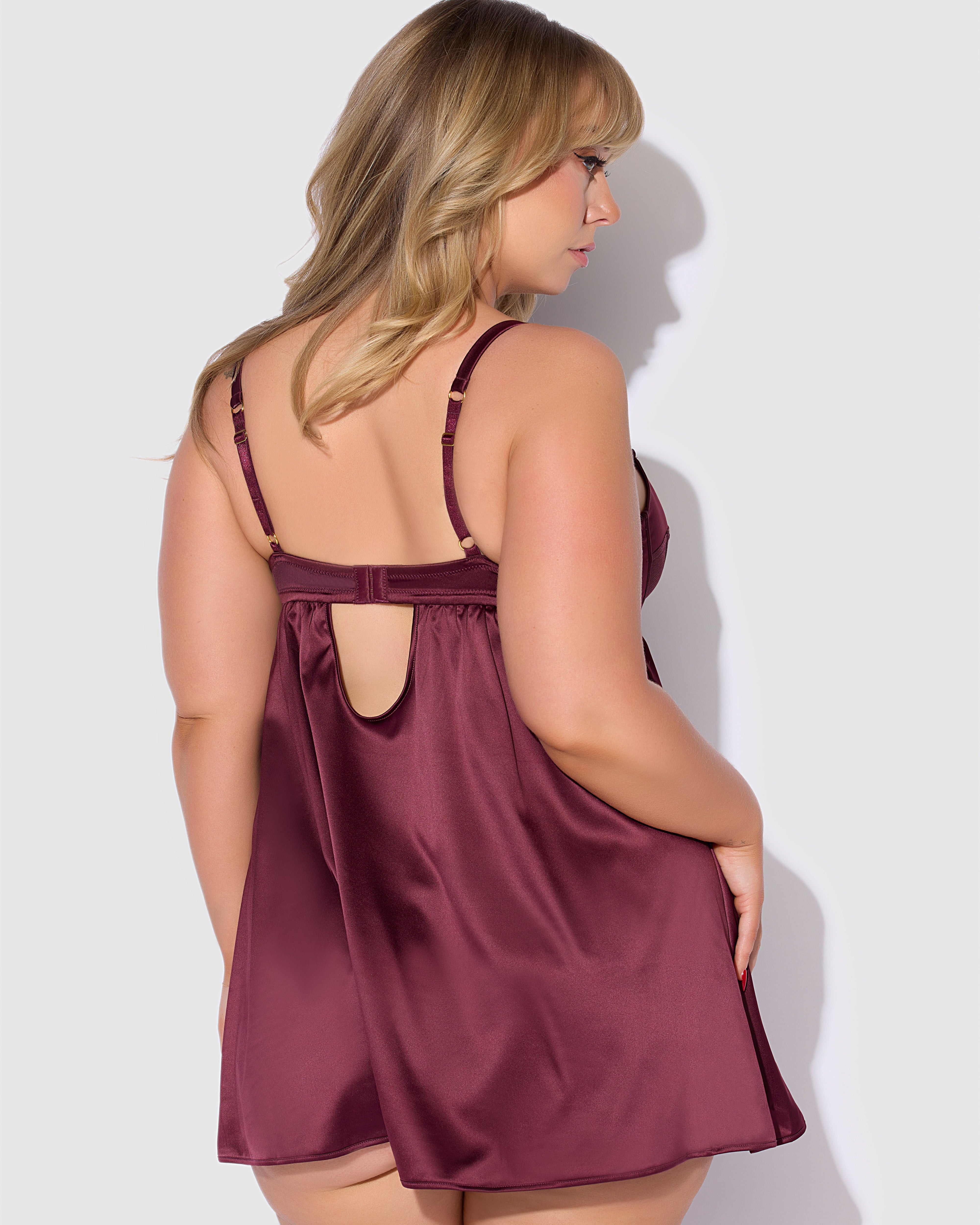 Brigeta Satin Mesh Corsetted Babydoll Set Burgundy | Lavah Intimates