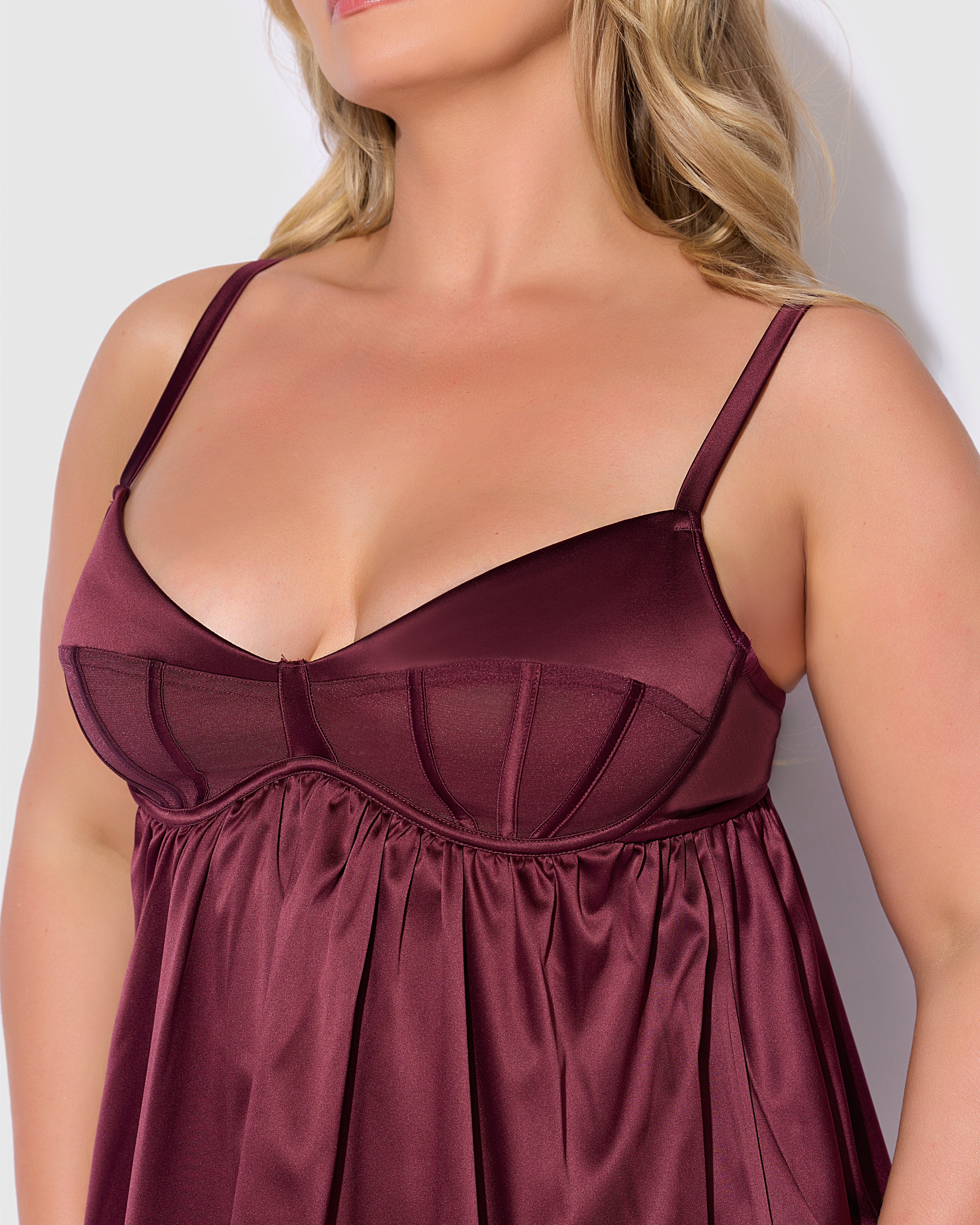 Brigeta Satin Mesh Corsetted Babydoll Set Burgundy | Lavah Intimates