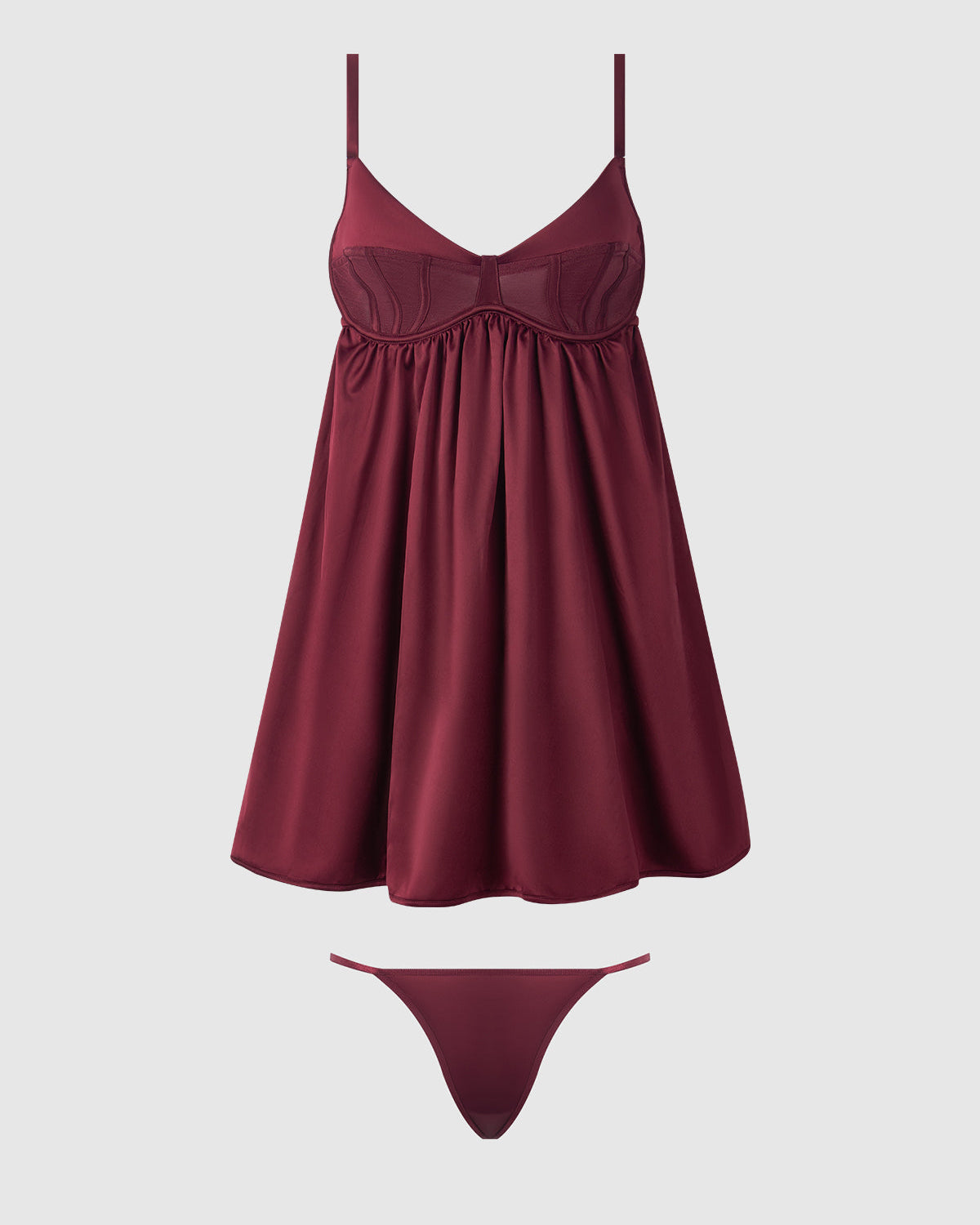Brigeta Satin Mesh Corsetted Babydoll Set Burgundy | Lavah Intimates