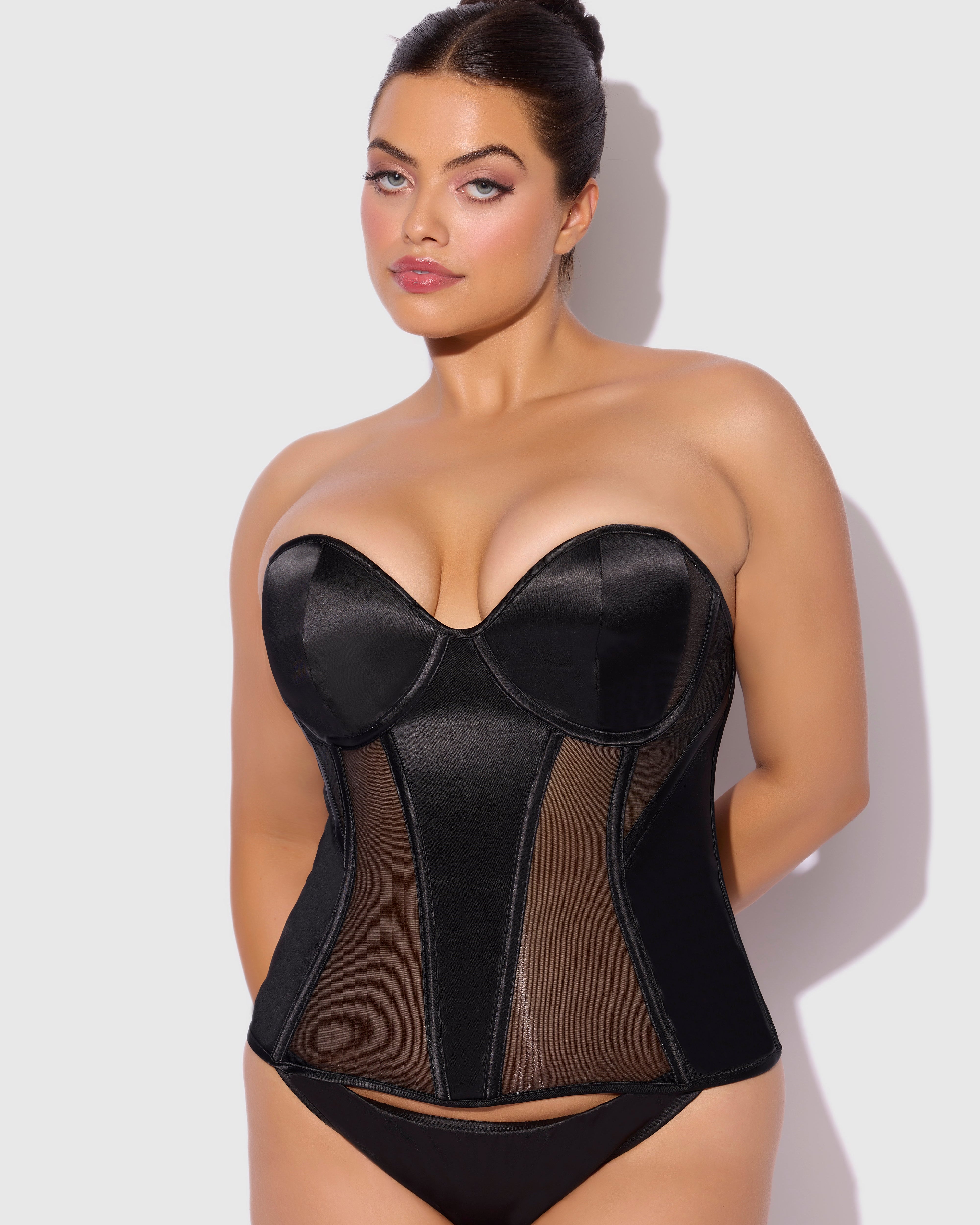 Juliet Satin Mesh Plunge Underwire Corset Black | Lavah Intimates