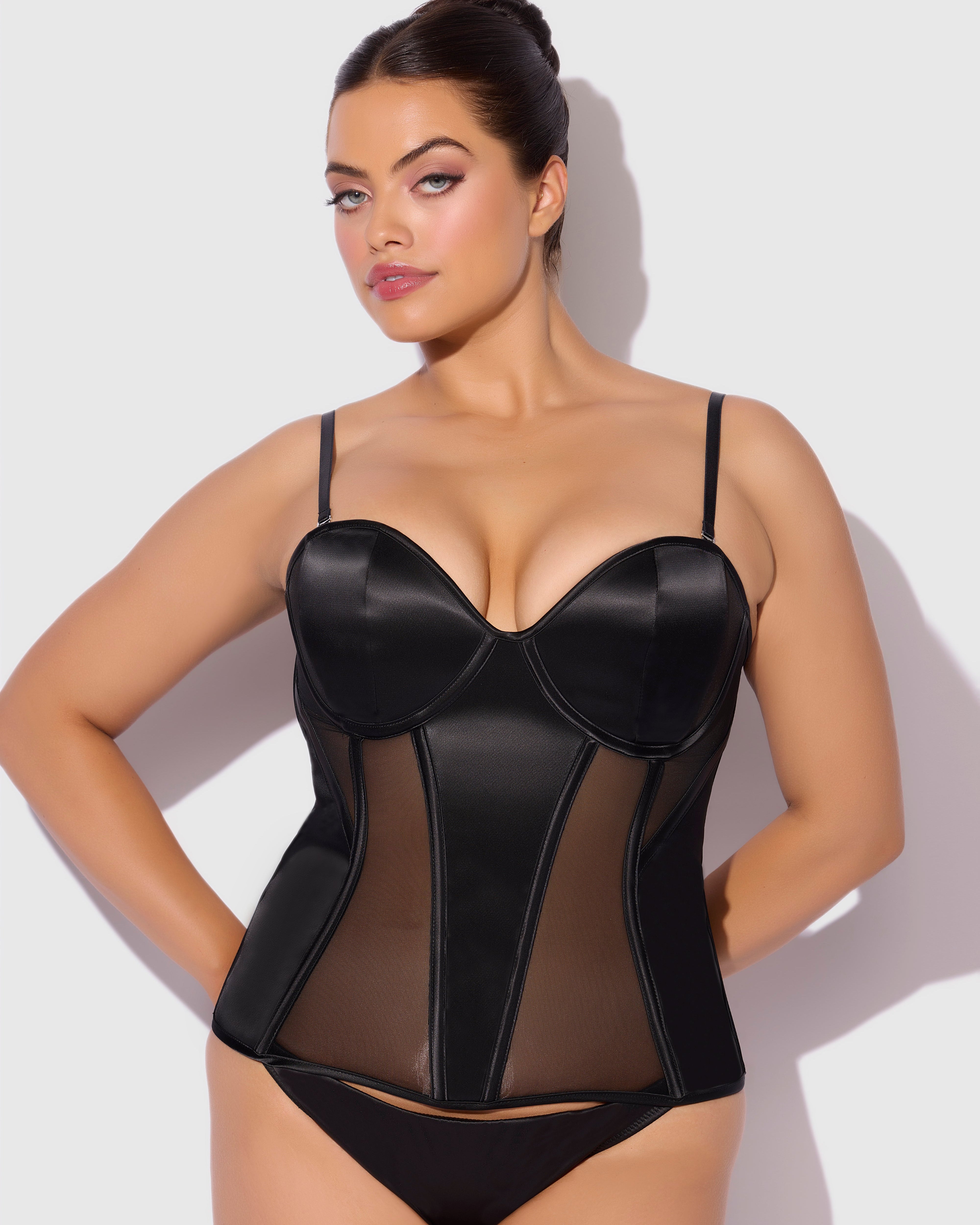 Juliet Satin Mesh Plunge Underwire Corset Black | Lavah Intimates