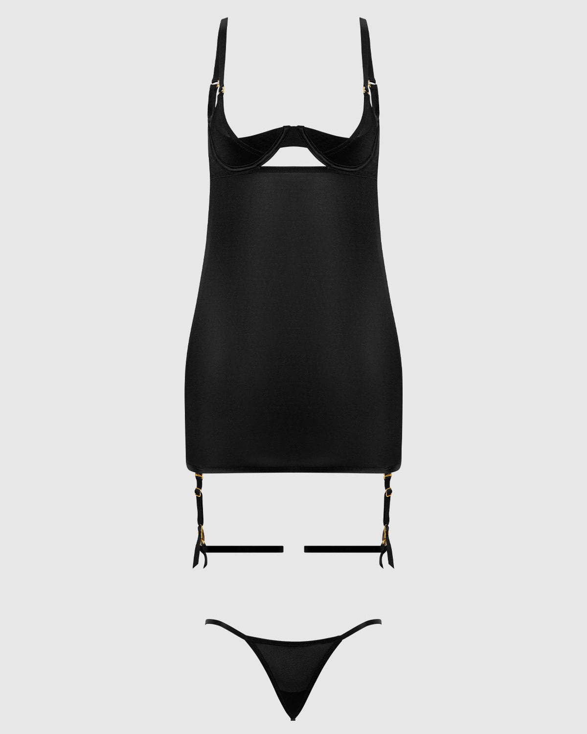 Yasmine Shine Mesh O Ring Thigh Garter Chemise Set Black | Lavah Intimates