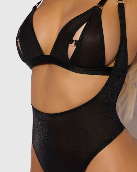 Yasmine Shimmer Mesh Slit Cup Backless Teddy Bralette Set | Lavah Intimates