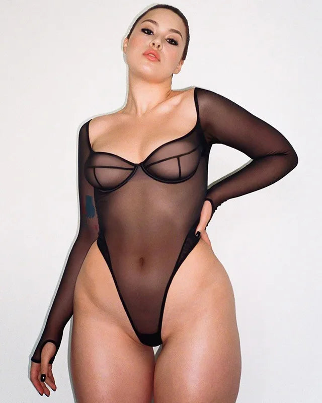 Sheer Mesh Long Sleeve Bodysuit | Lavah Intimates