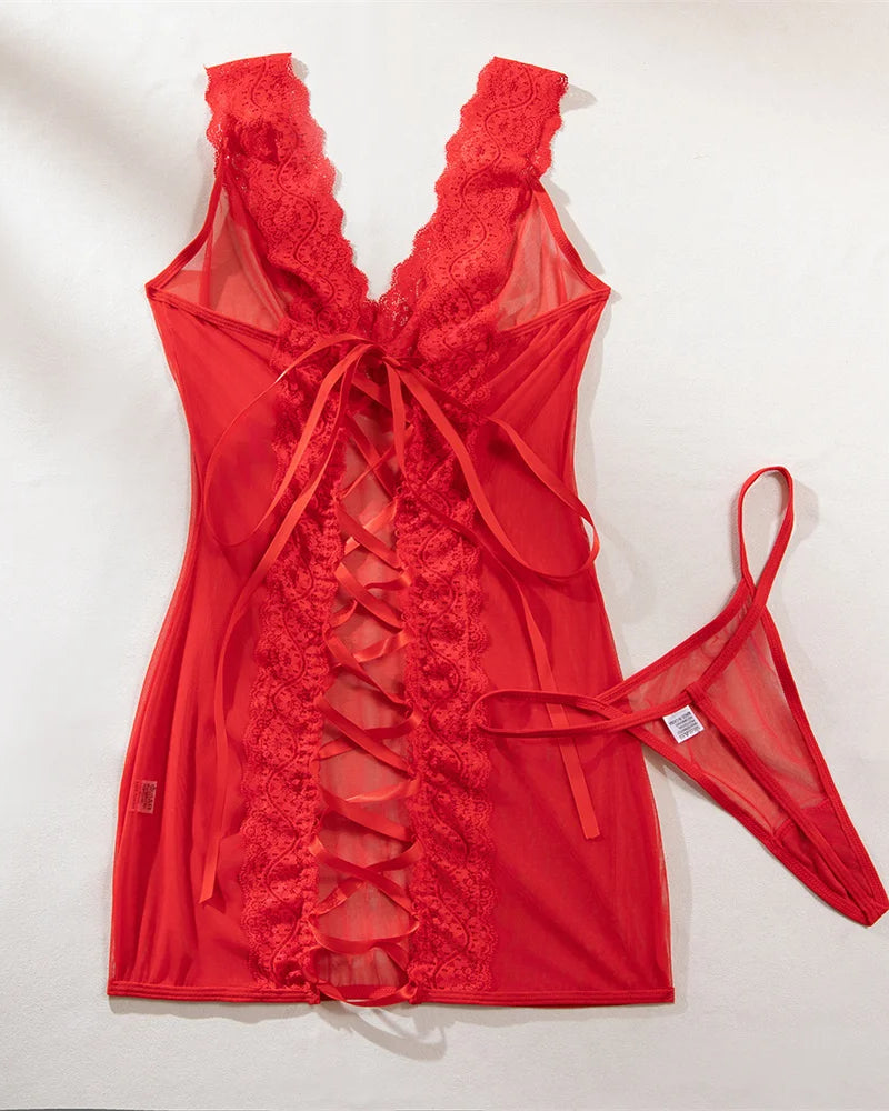 Lace Temptation Sheer Lace Up Mini Dress | Lavah Intimates