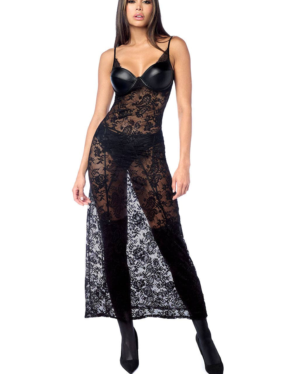 Long Gown with Matching Panty Garter Belt Black | Lavah Intimates