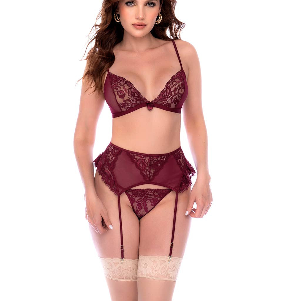 Verbena Burgundy Lace 3pc Garter Set