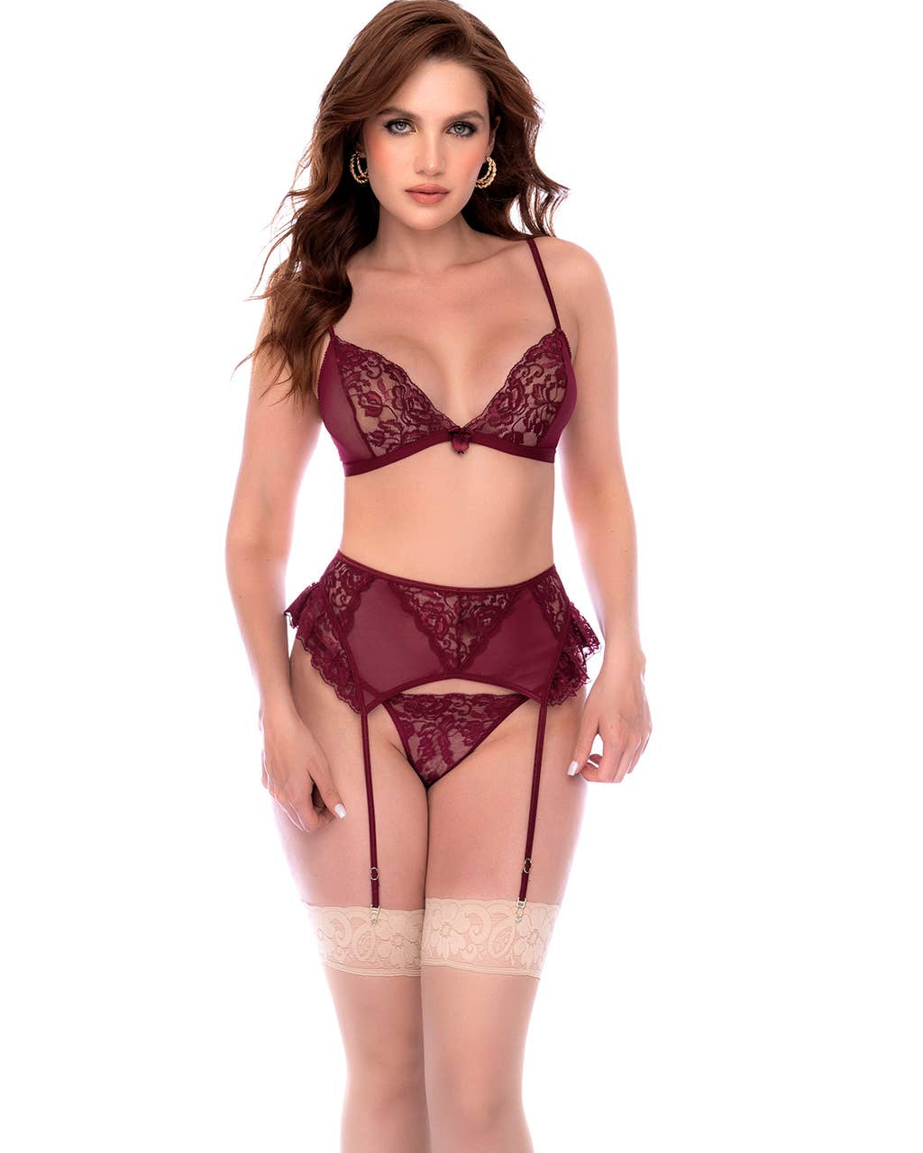 Verbena Burgundy Lace 3pc Garter Set