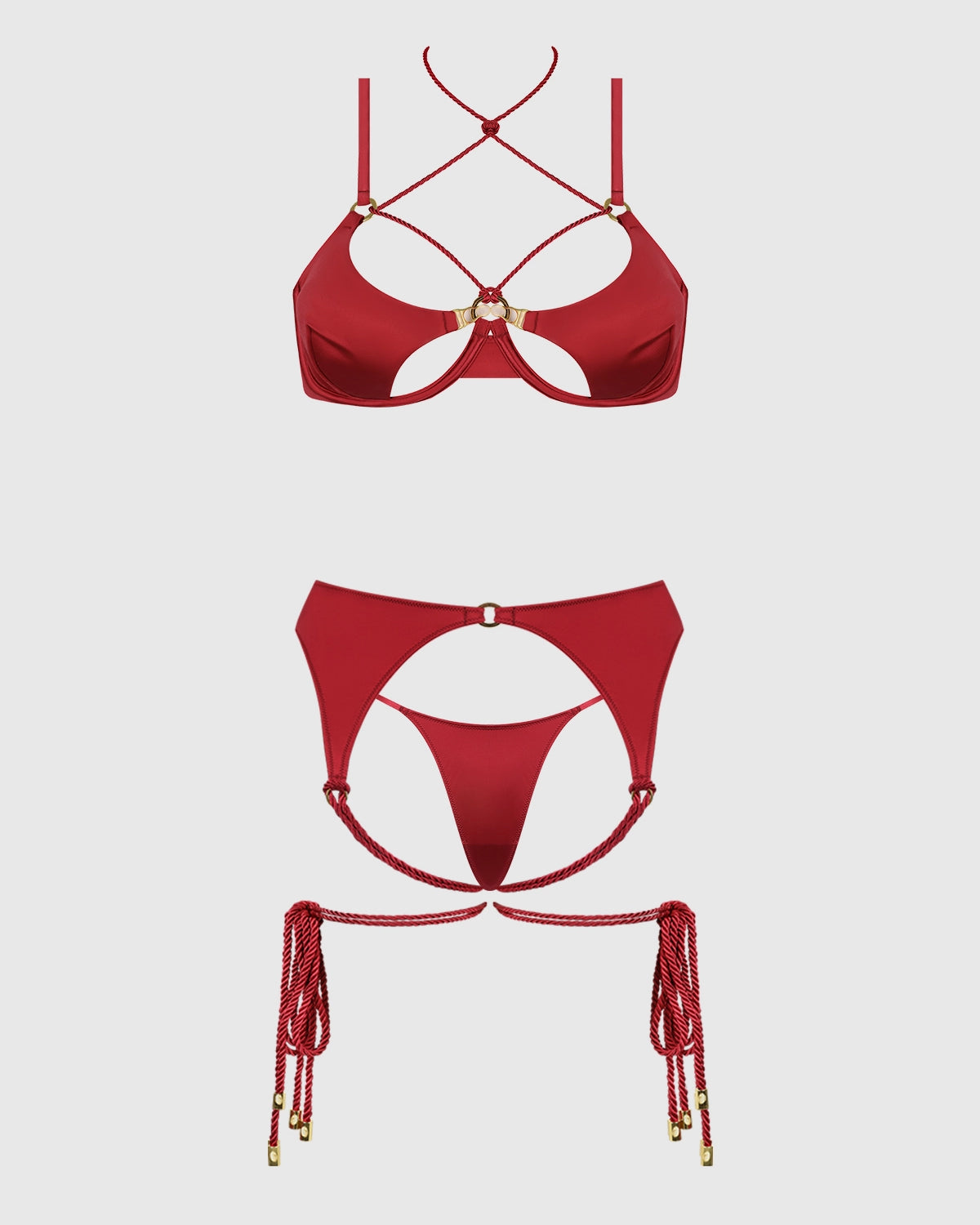 Iryna Silky Micro Rope Bra Garter Thong Set | Lavah Intimates