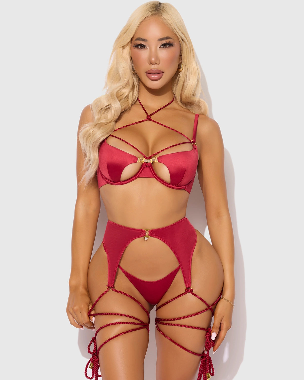Iryna Silky Micro Rope Bra Garter Thong Set | Lavah Intimates