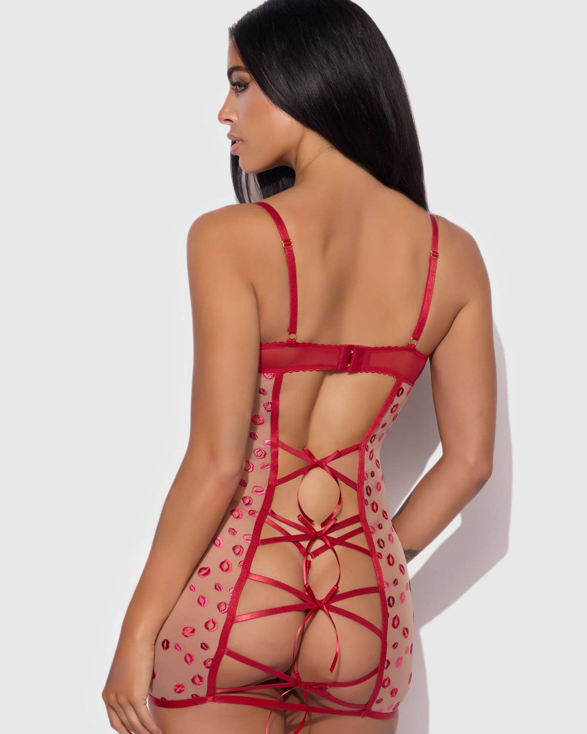 Angelina Lips Embroidery Bow Back Chemise Set | Lavah Intimates