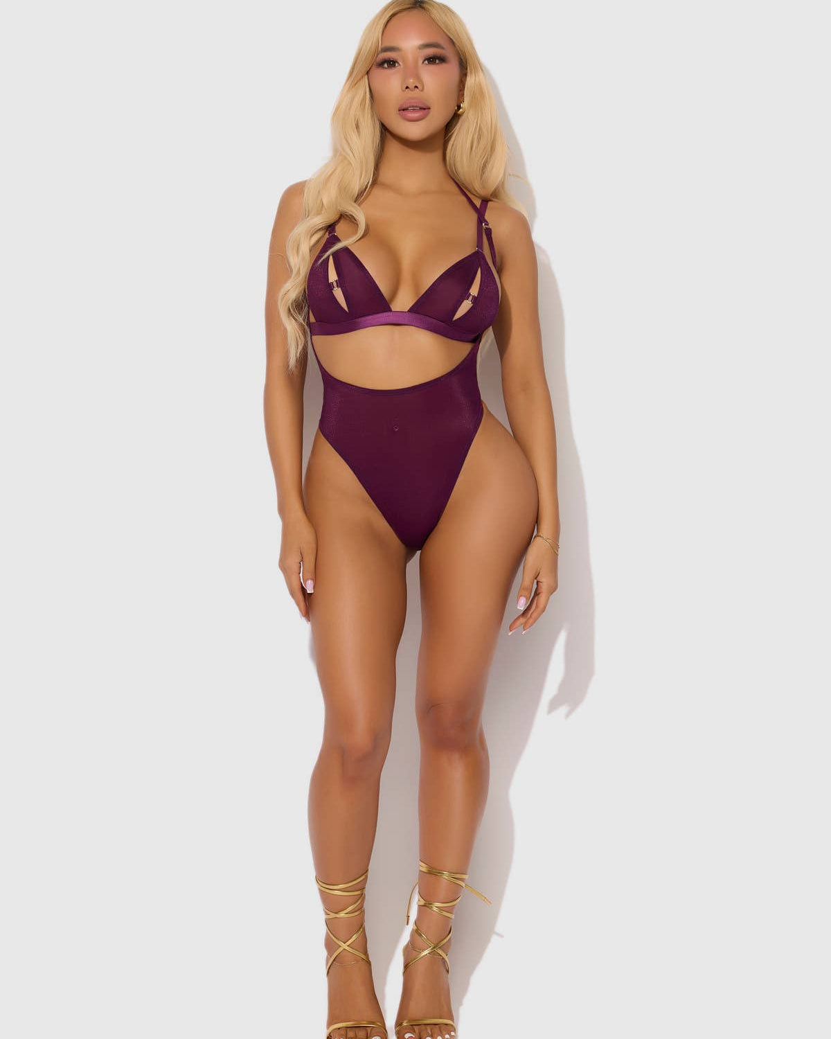 Yasmine Shimmer Mesh Slit Cup Backless Teddy Bralette Set | Lavah Intimates