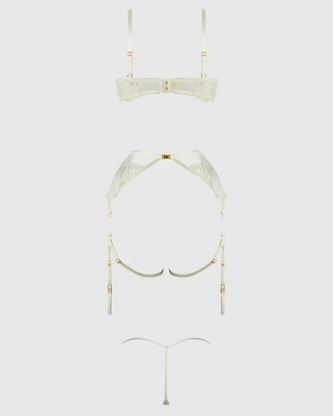 Rosalie Bridal Lace Open Cup Bra Garter G-String Set | Lavah Intimates