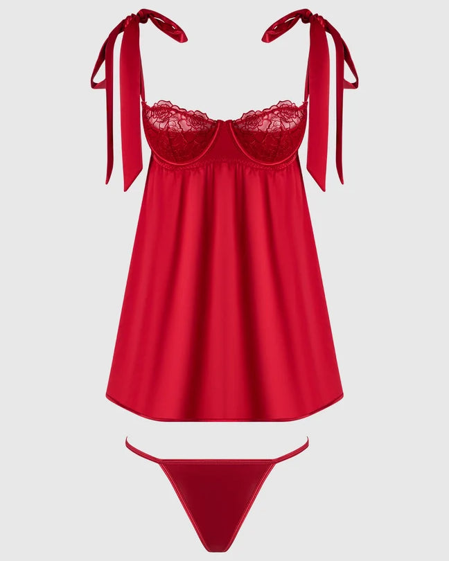 Rosalie Satin Embroidered Lace Babydoll Set | Lavah Intimates