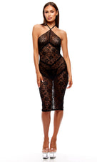 Vionne Sheer Lace Halter Midi Dress Set Black
