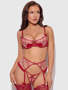 Angelina Lips Embroidery Open Cup Bra, Garter & Bow G-String Set