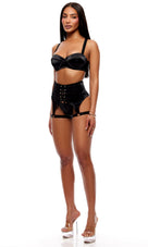 Rosette Satin Lace-Up Bra & Garter Set Black