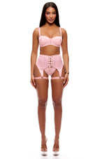 Rosette Satin Lace-Up Bra & Garter Set Light Pink
