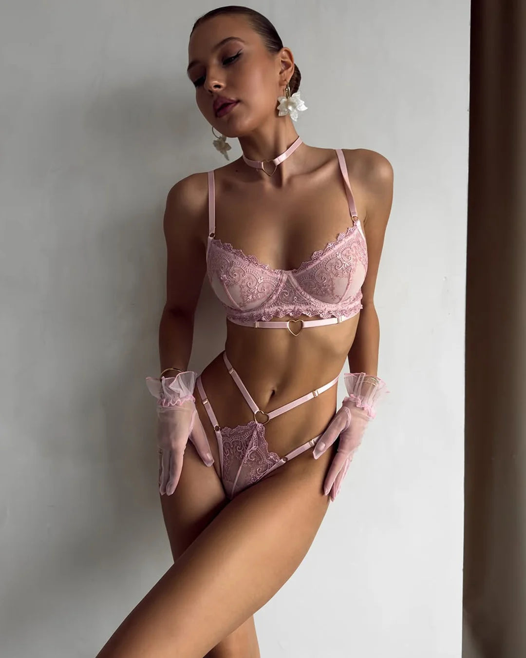 Pink Romance Lace 3-Piece Set with Choker | Lavah Intimates