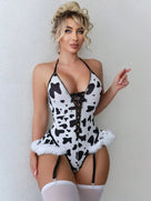 Bessie Cow Print Garter Bodysuit