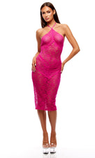 Vionne Sheer Lace Halter Midi Dress Set Fuchsia