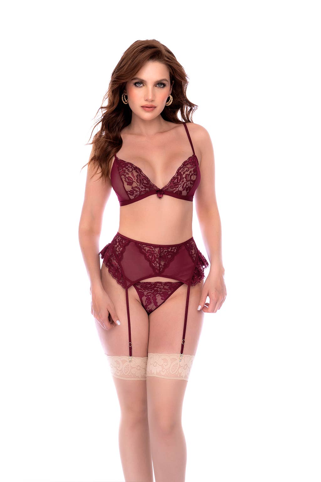 Verbena Burgundy Lace 3pc Garter Set