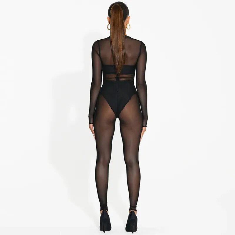 Black Mesh Seam Detail Jumpsuit - LAVAH INTIMATES